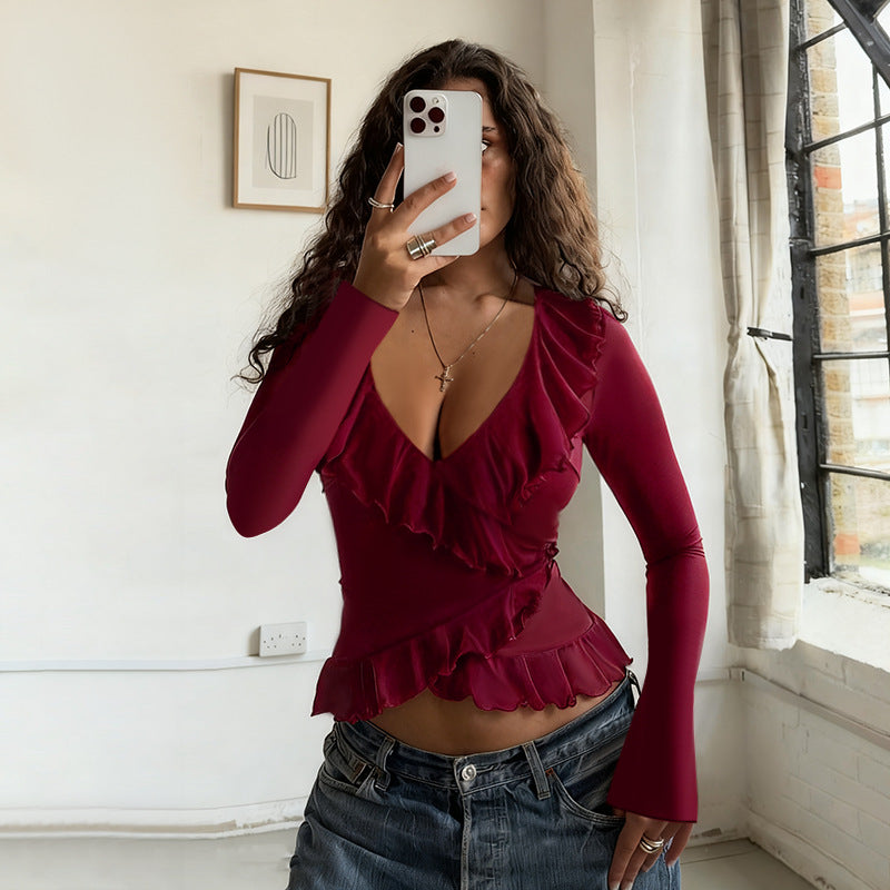 Damen lässiges Wickeloberteil mit Rüschendetails und V-Ausschnitt R&B