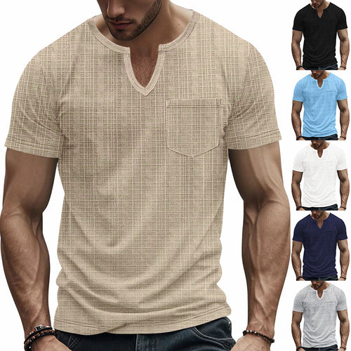 Herren nan Kurzarmshirt mit geschlitztem V-Ausschnitt strukturierter Leinenoptik und aufgesetzter Brusttasche R&B