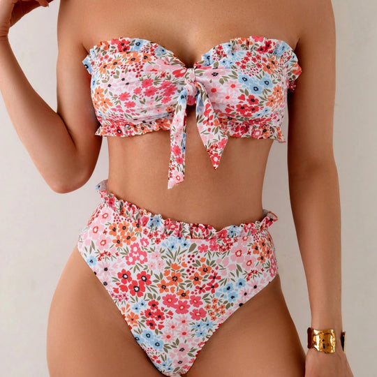 Damen Bandeau-Bikini mit verspielten Rüschen und floralem Muster R&B