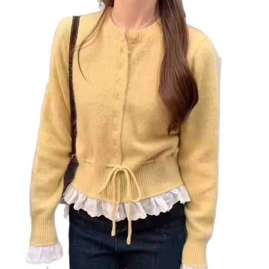 Damen kuscheliger Strickjacke mit fransigen Details und Bändchen R&B