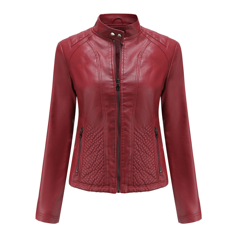 Damen nan taillierte Biker-Kunstlederjacke mit Stehkragen und gesteppter Seitenpartie R&B