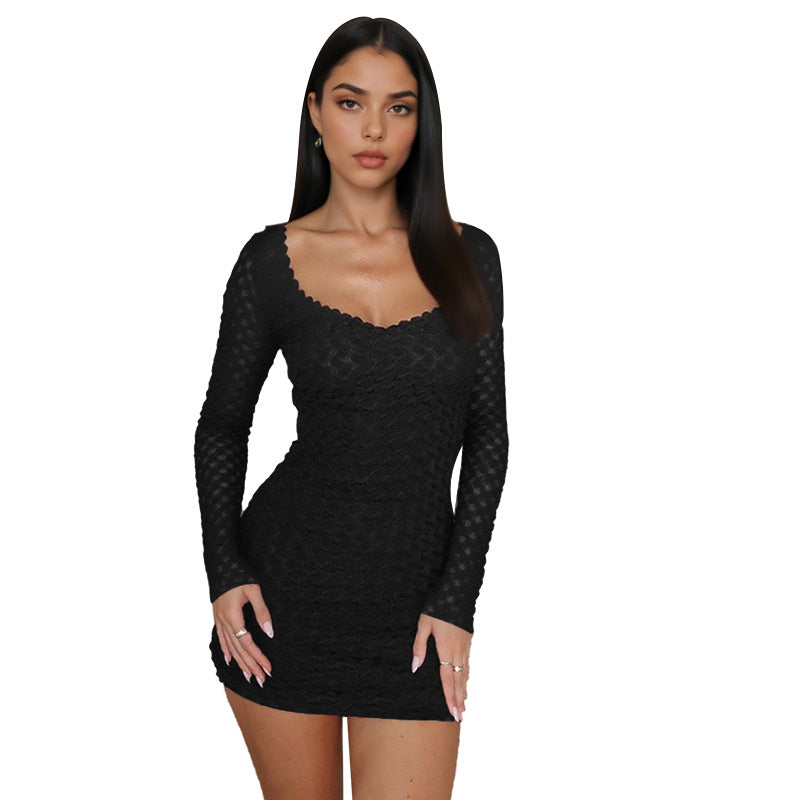 Damen figurbetontes Minikleid mit langem Arm und raffiniertem Wellenmuster R&B
