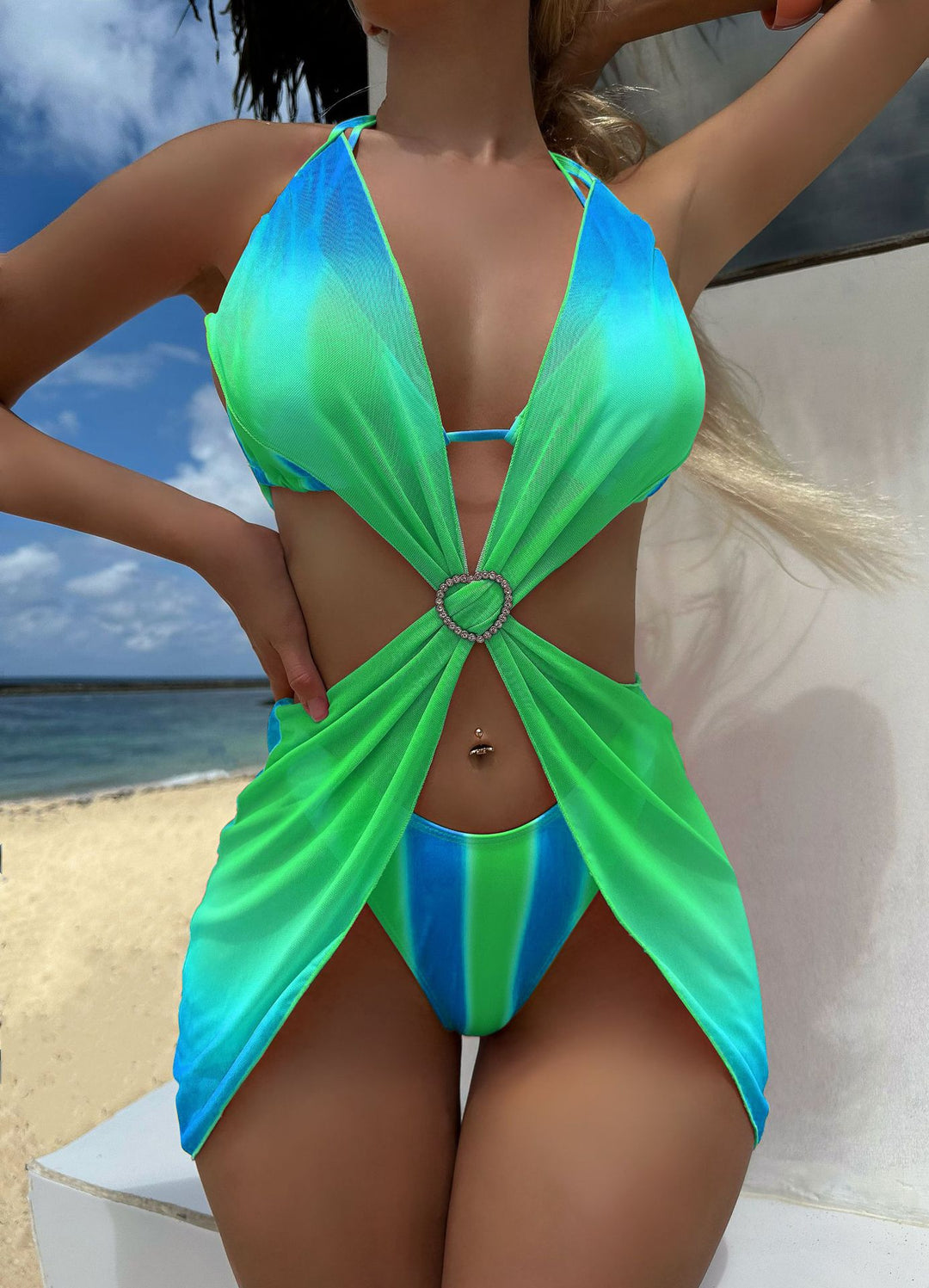 Damen Trendiges Zwei-in-Eins-Bikini-Set mit modischem Wickelrock R&B