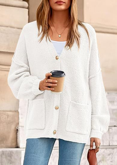 Damen Oversized Strickjacke mit Knöpfen und großen Taschen R&B