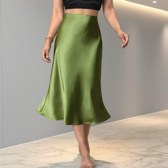 Damen Eleganter Satin-Midirock mit hohem Schnitt und fließendem Fall R&B