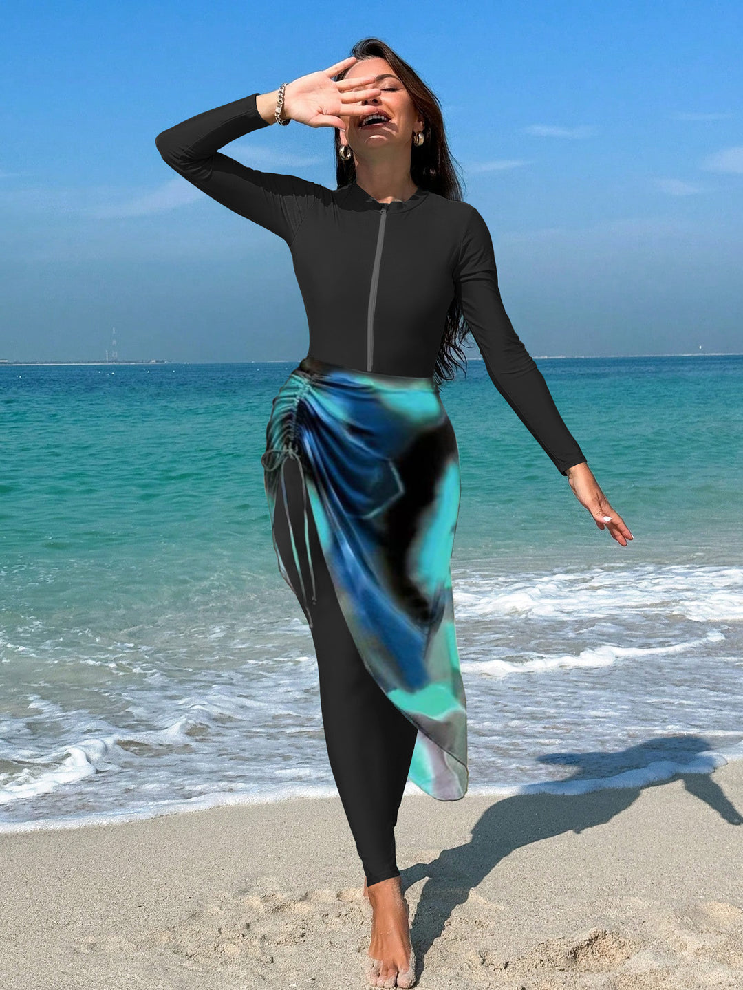 Damen sportlicher Langarm-Surfsuit mit raffinierten Wickeldetails R&B