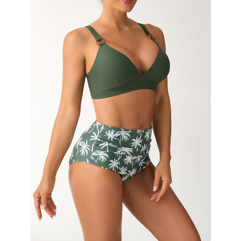 Damen Bikini-Set mit hohem Bund und modischem Palmendruck R&B