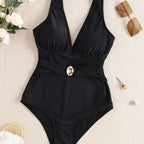 Damen Einteiliger Badeanzug mit tiefem V-Ausschnitt und eleganter Gürteldetails R&B