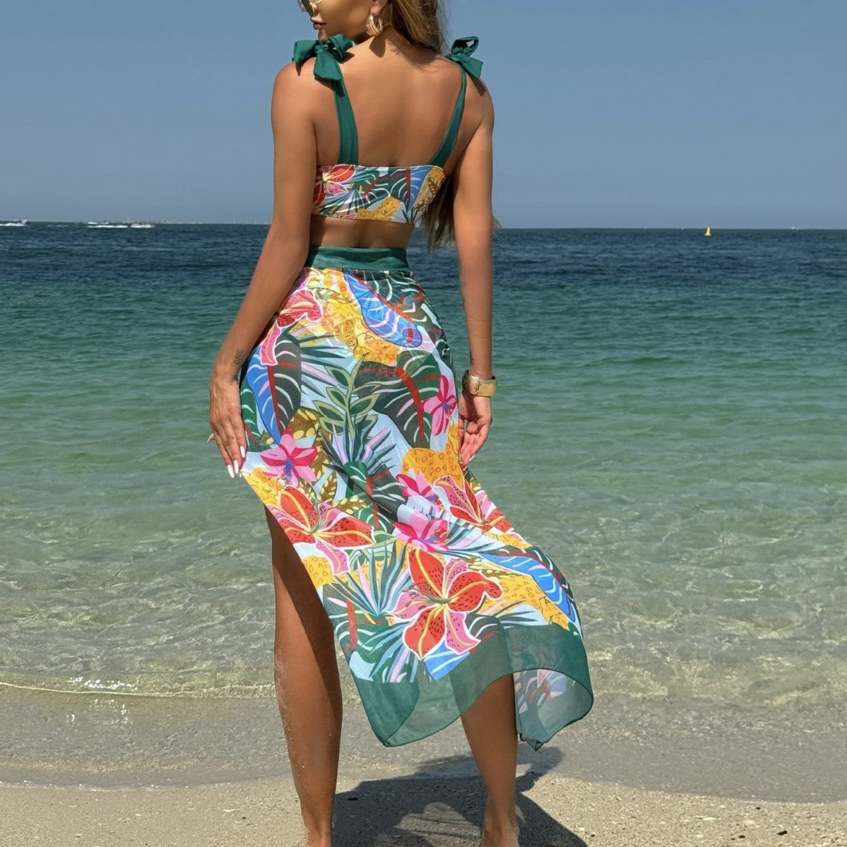 Damen Zweiteiliges Bikini-Set mit floralem Trend und durchsichtiger Wickelrock R&B