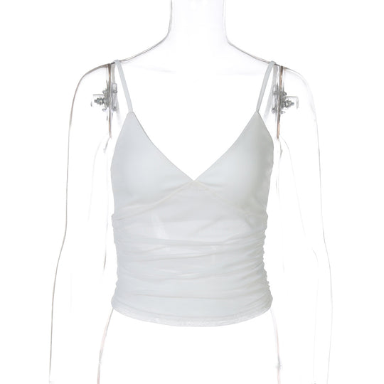 Damen Spaghetti-Träger Blusenoberteil mit transparenter Drapierung R&B