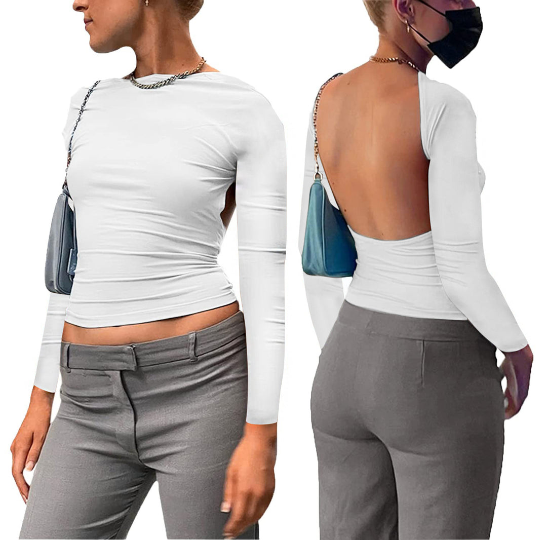 Damen figurbetontes Longsleeve-Oberteil mit offenem Rücken und elegantem Design R&B