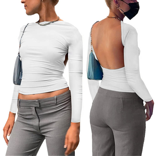 Damen figurbetontes Longsleeve-Oberteil mit offenem Rücken und elegantem Design R&B