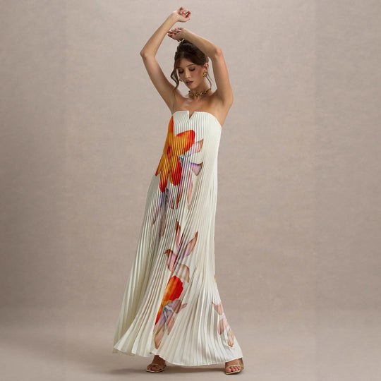 Damen Maxikleid mit plissiertem Design und floralem Druck R&B