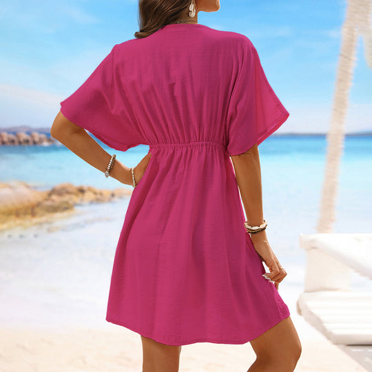 Damen Strandkleid mit elegantem V-Ausschnitt und zarten Spitzenverzierungen R&B