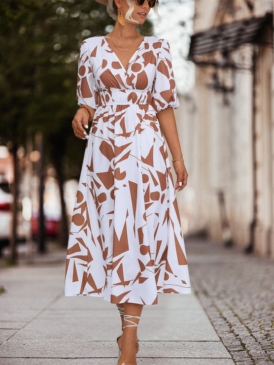 Damen Midikleid mit geometrischem Muster und elastischem Bund R&B