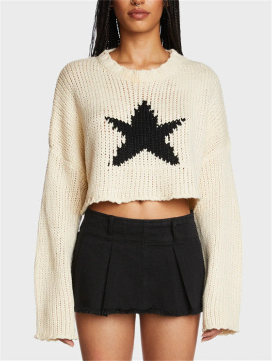Damen modischer Grobstrickpullover mit trendy Sternenapplikation R&B