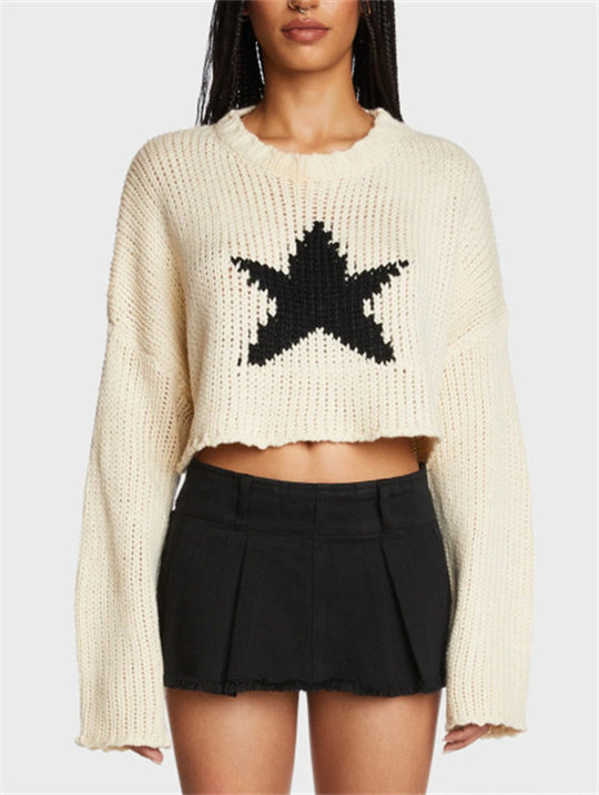 Damen modischer Grobstrickpullover mit trendy Sternenapplikation R&B