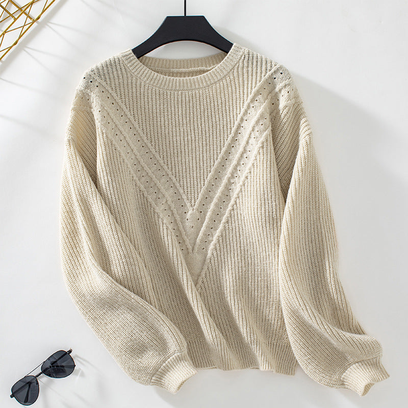 Damen Strickpullover mit V-Ausschnitt und dekorativem Strukturmuster