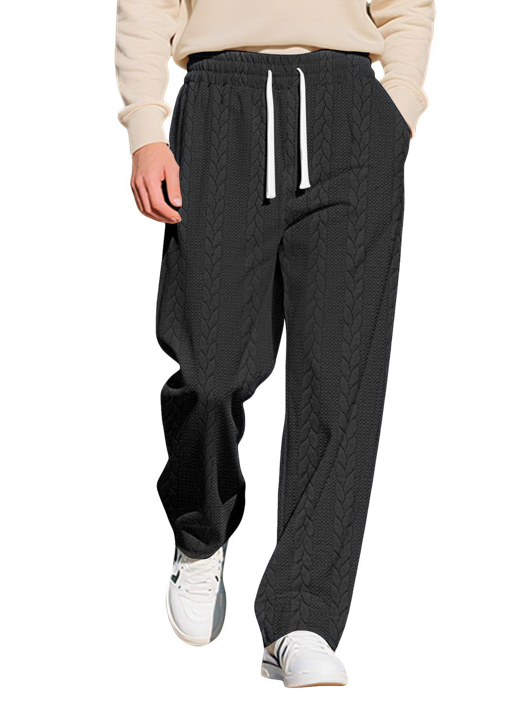 Herren nan locker fallende Strick-Jogginghose mit Zopfmuster und Kordelbund R&B