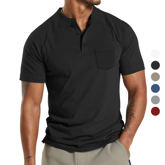 Herren nan atmungsaktives Baumwoll-Elasthan Kurzarm-Henley mit Brusttasche R&B