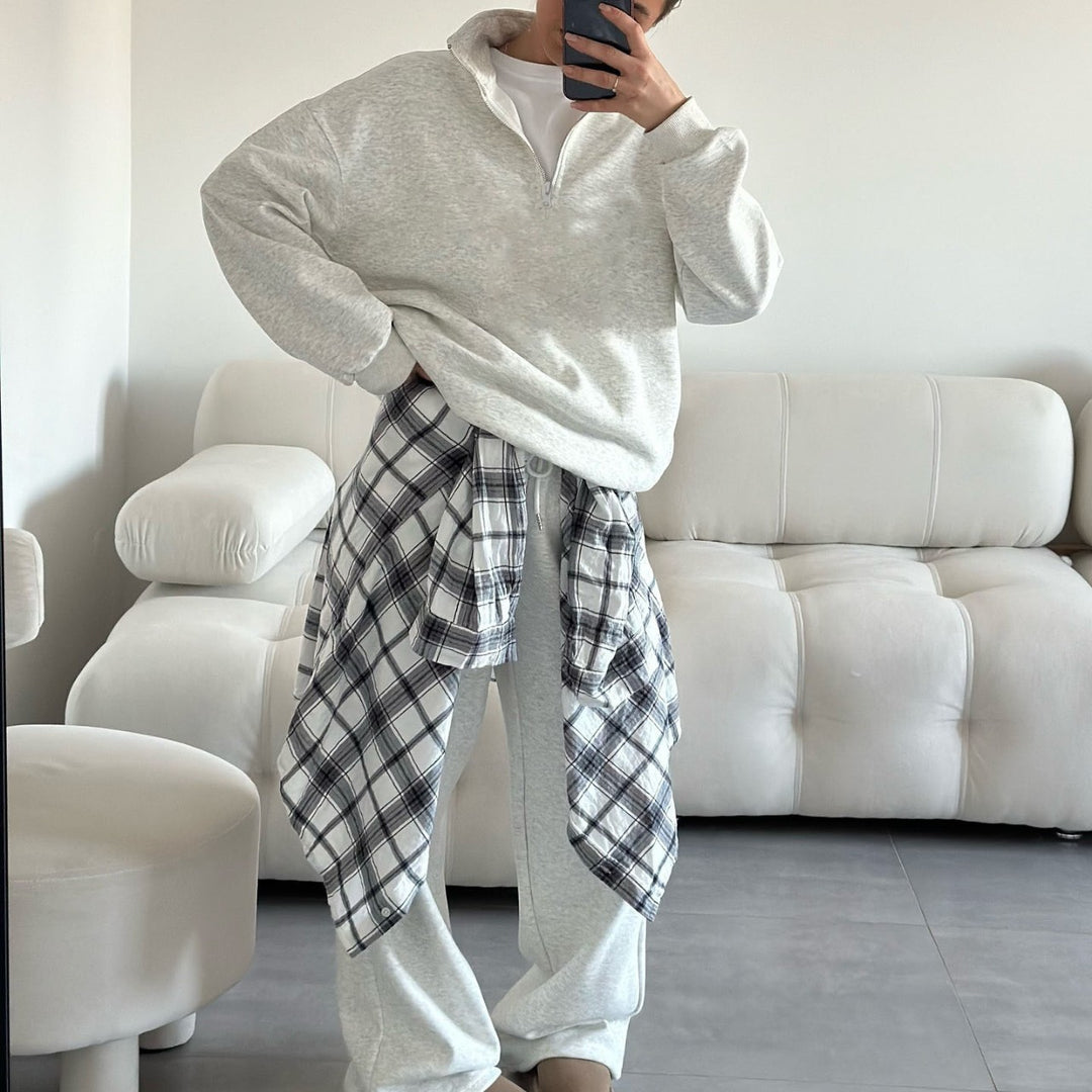 Damen gemütliches Fleece-Loungewear-Set mit Stehkragen und Reißverschluss R&B