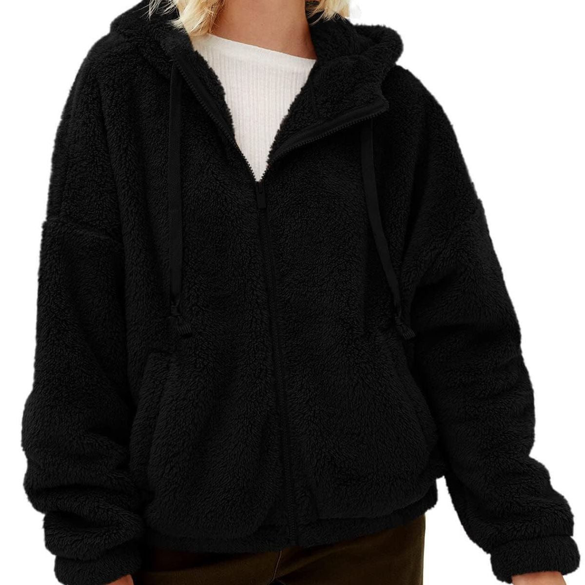Damen Flauschige Plüschjacke mit Kapuze und Frontreißverschluss R&B