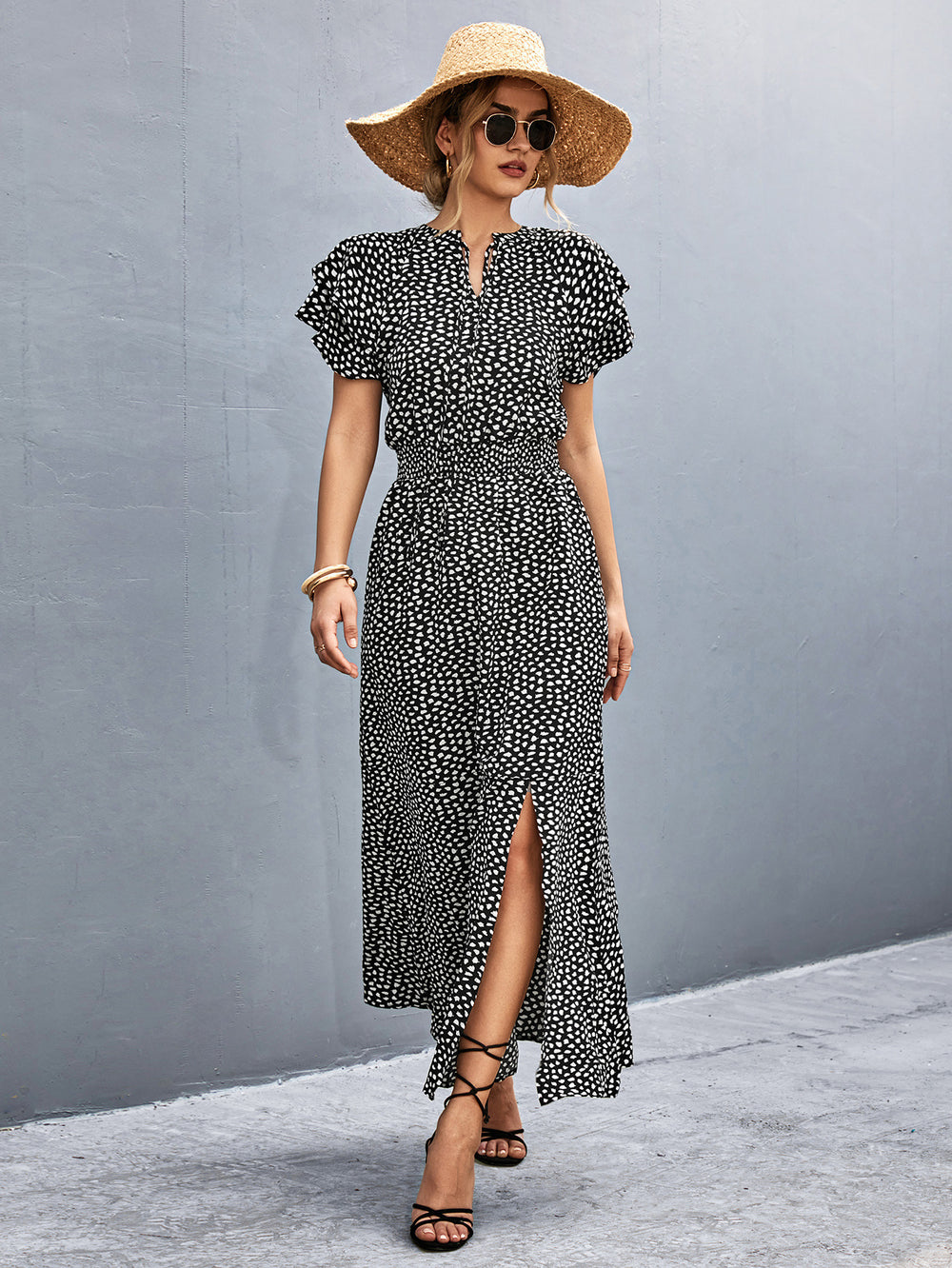 Damen Maxikleid mit modernem Rüschendesign und elastischem Taillenbund R&B
