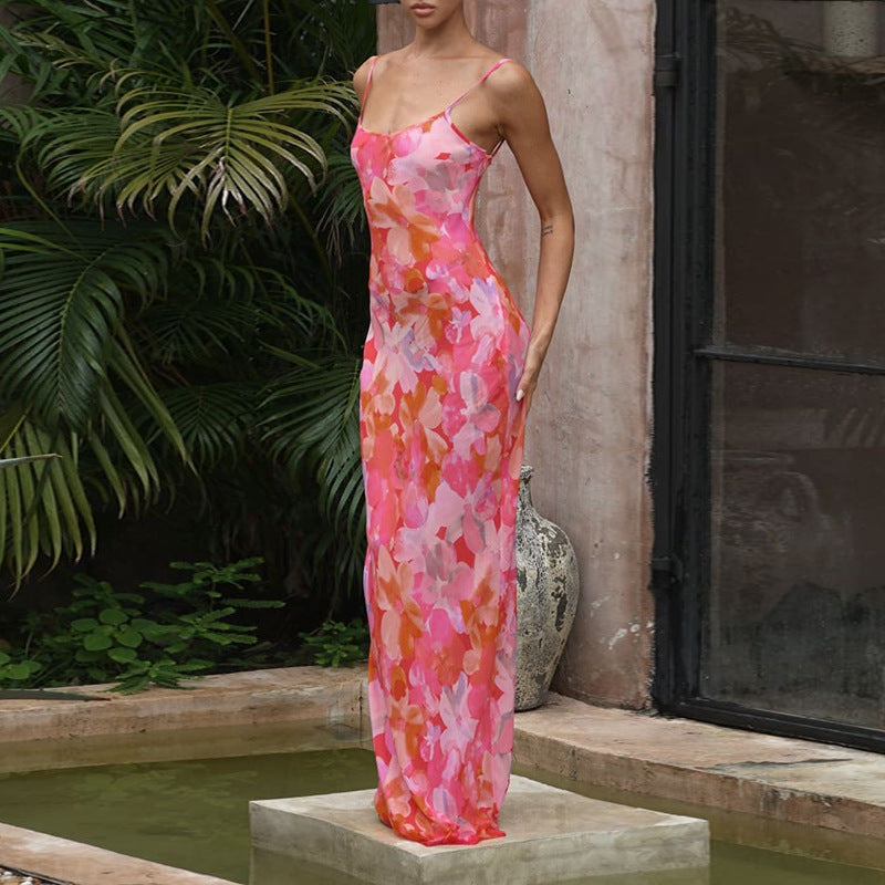 Damen Maxikleid mit floralem Muster und schmalen Spaghetti-Trägern R&B