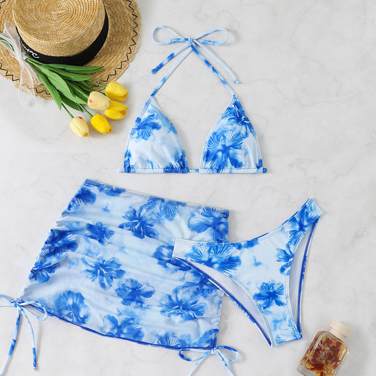 Damen Triangel-Bikini-Set mit verstellbaren Trägern und floralem Wickelrock R&B