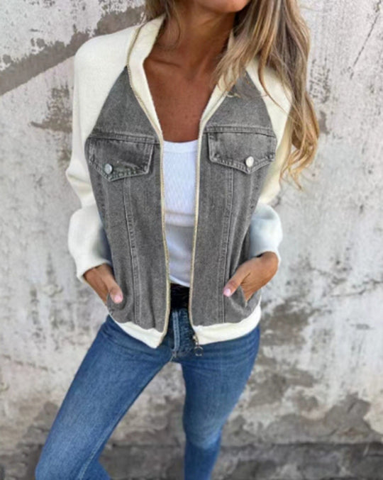 Damen lässige Sweaterjacke mit Denim-Style und Fleeceärmeln R&B