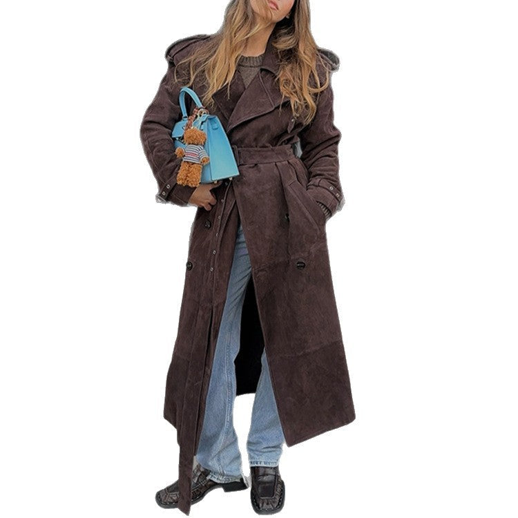 Damen Langer Trenchcoat aus weichem Wildlederimitat mit modischen Details R&B