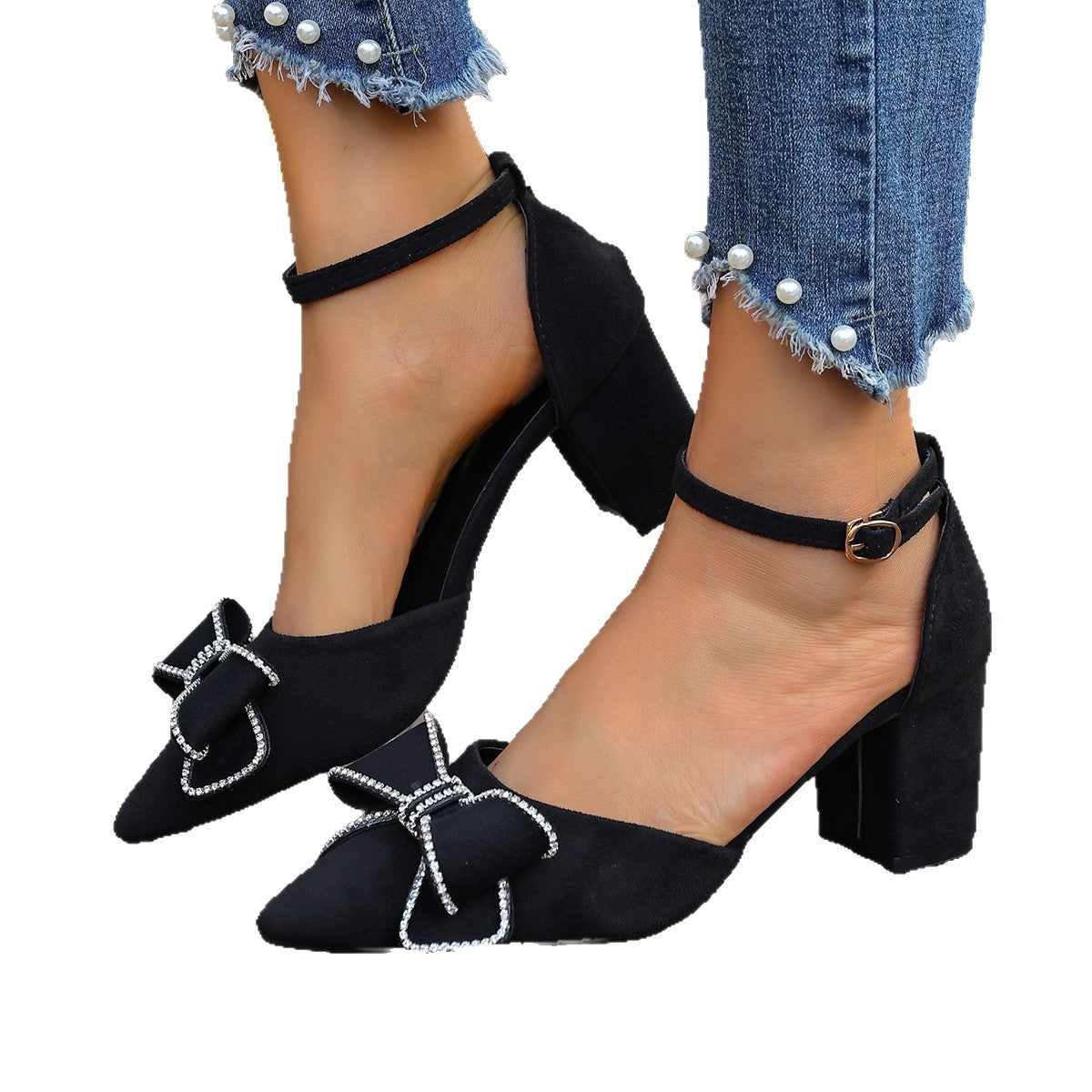 Damen Slingback-Pumps mit funkelndem Schleifenakzent und stabilem Blockabsatz R&B