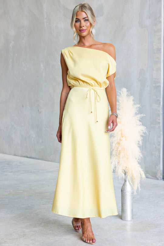 Damen Maxi-Kleid mit schulterfreiem Design und elastischem Taillenbund R&B