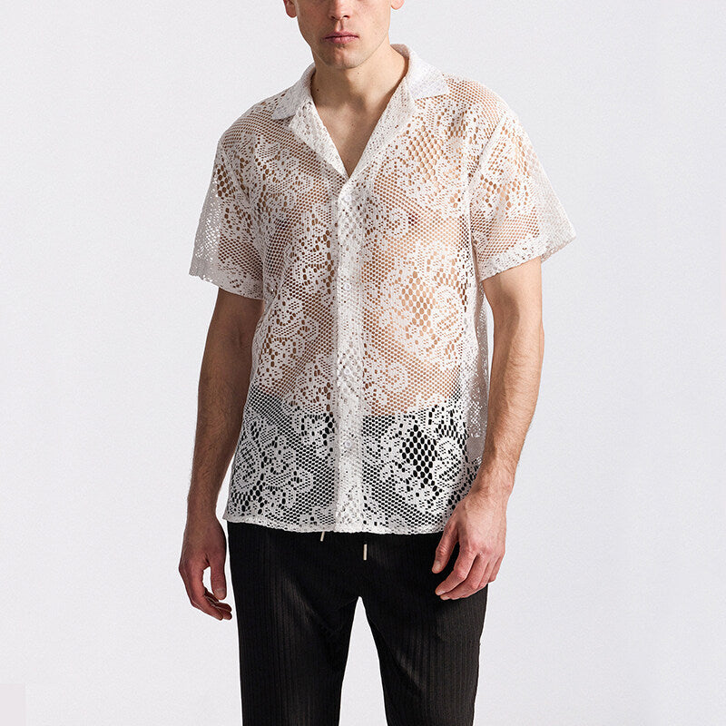 Herren Designer-Hemd aus transparentem Häkelmaterial mit floralem Muster