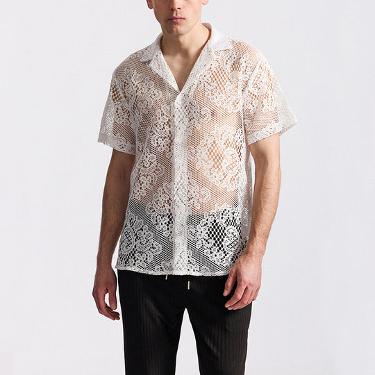 Herren Designer-Hemd aus transparentem Häkelmaterial mit floralem Muster R&B