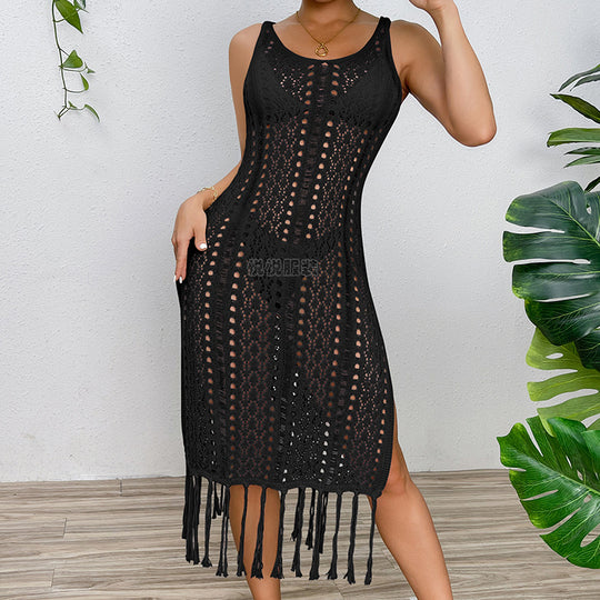 Damen Sommerliches Häkelkleid mit Fransen und seitlichem Schlitz R&B