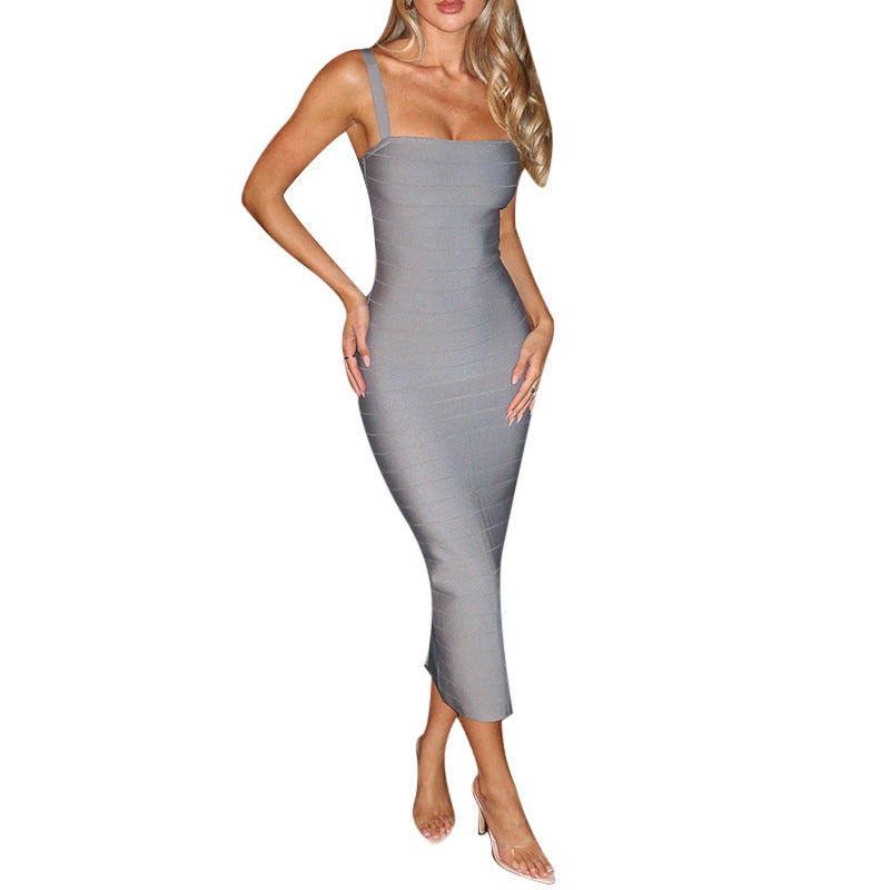 Damen figurbetontes Midikleid mit schmalen Spaghettiträgern R&B