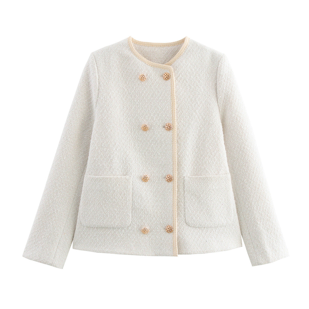 Damen elegante Bouclé-Jacke mit dekorativen Knöpfen und aufgesetzten Taschen