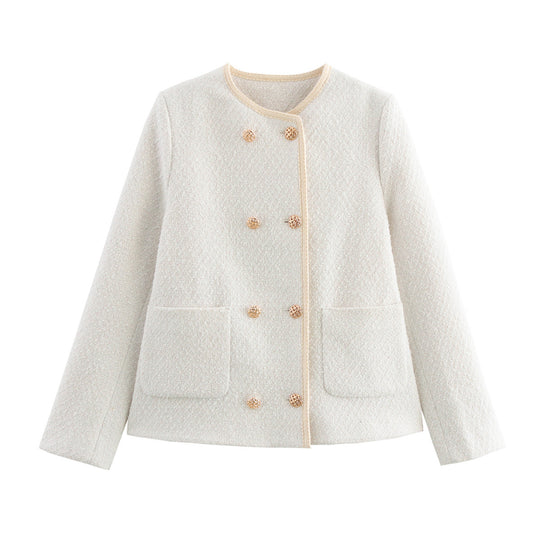 Damen elegante Bouclé-Jacke mit dekorativen Knöpfen und aufgesetzten Taschen R&B