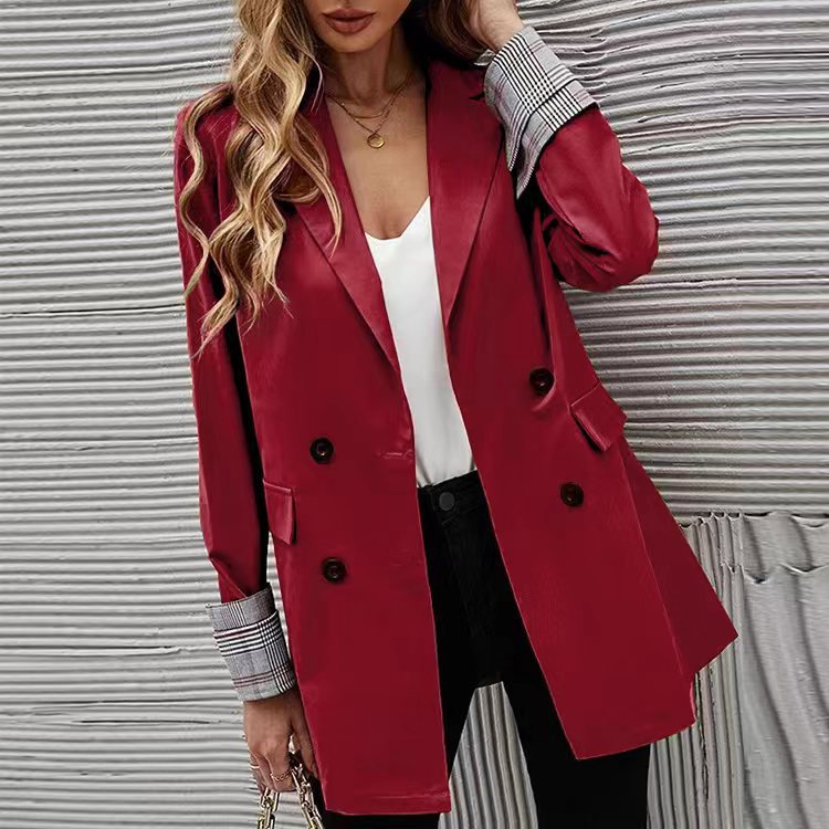 Damen Eleganter Doppelreiher Blazer mit kariertem Detail R&B