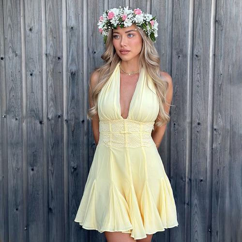 Damen luftiges Halterneck-Kleid mit verführerischer Raffung R&B