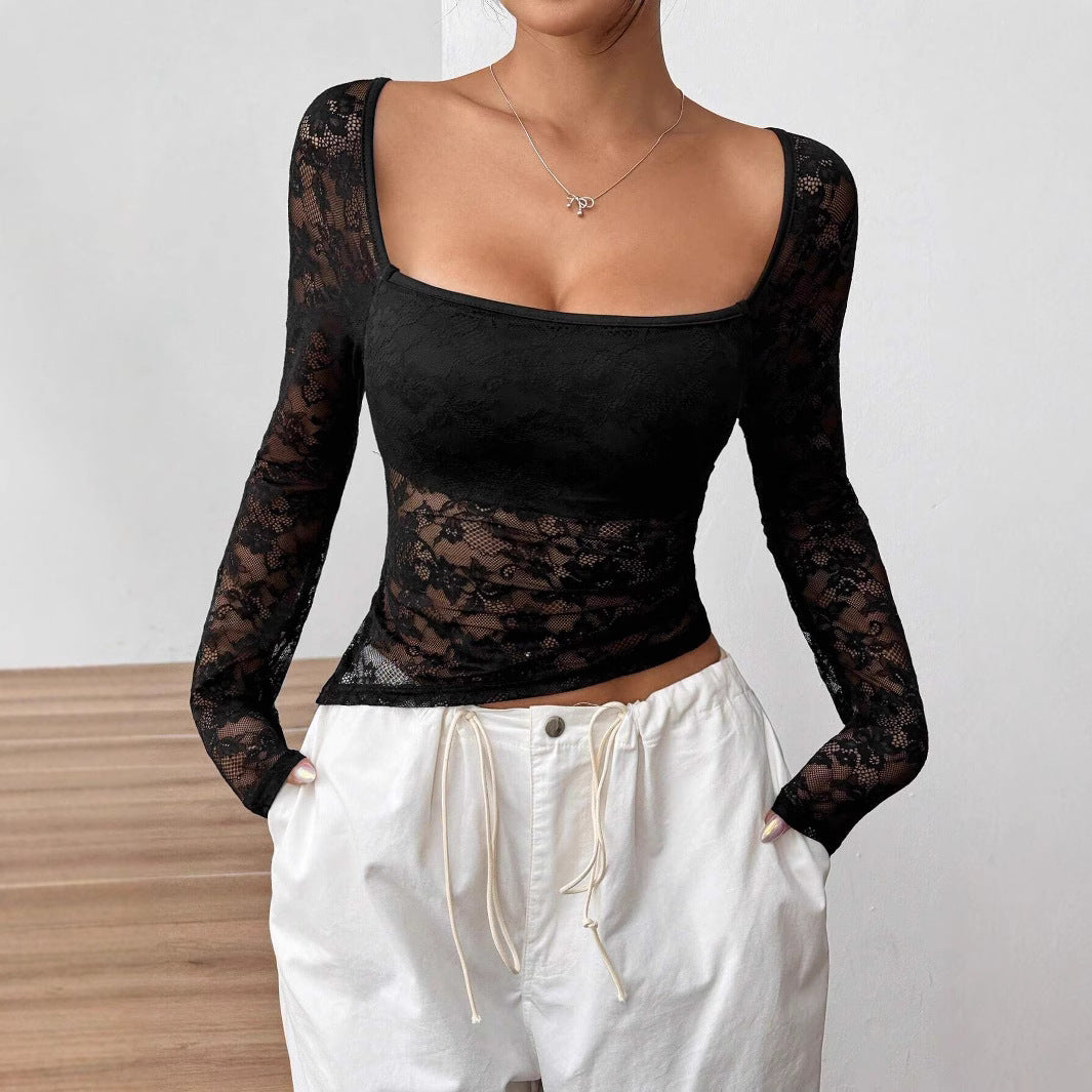 Damen Transparente Spitzenbluse mit langen Ärmeln und elegantem Ausschnitt R&B
