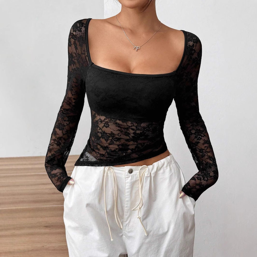 Damen Transparente Spitzenbluse mit langen Ärmeln und elegantem Ausschnitt R&B