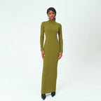 Damen Langarm Maxikleid mit elegantem Stehkragen und figurbetontem Schnitt EB