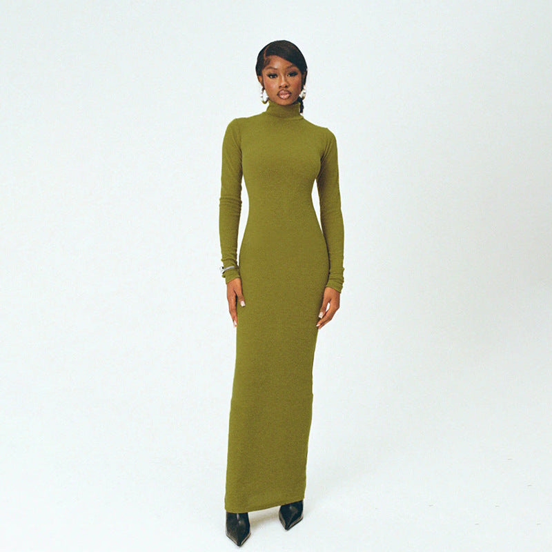 Damen Langarm Maxikleid mit elegantem Stehkragen und figurbetontem Schnitt EB