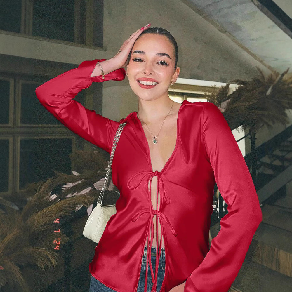 Damen elegante Bluse mit Schnürung und weitem Ärmel R&B