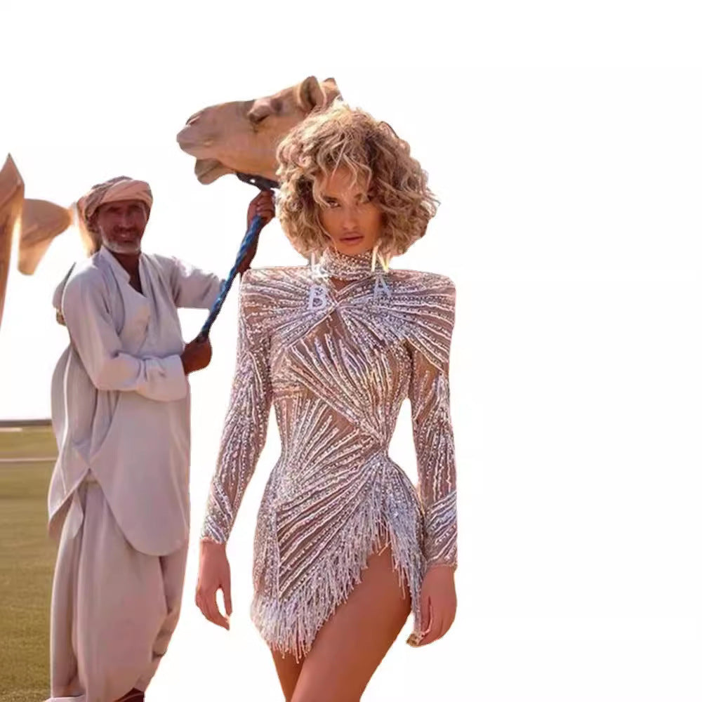 Damen Glamouröses Pailletten-Kleid mit transparenten Akzenten und Fransen R&B