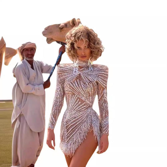 Damen Glamouröses Pailletten-Kleid mit transparenten Akzenten und Fransen R&B