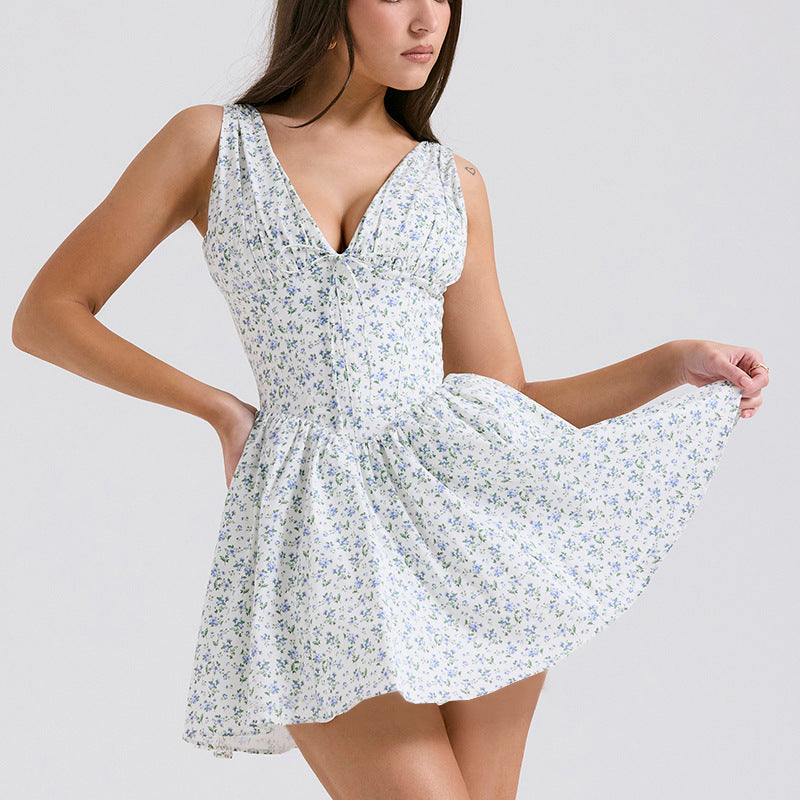 Damen Sommerliches Minikleid mit V-Ausschnitt und fließendem Rock R&B