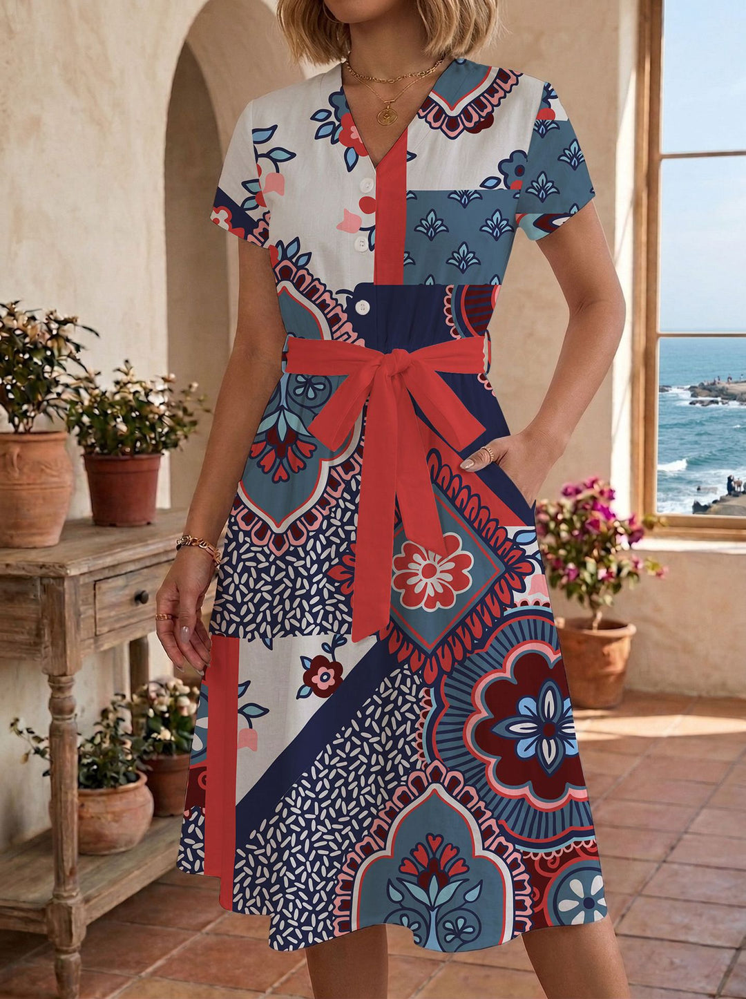 Damen Sommerliches Kleid mit taillierbarem Bindegürtel und floralem Muster R&B